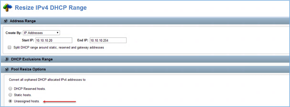 Screenshot of resizing the IPv4 DHCP range with selection of the Unassigned Hosts option in BlueCat Address Manager