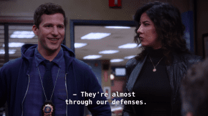 Screenshot of Detectives Jake Peralta and Rosa Diaz with dialog