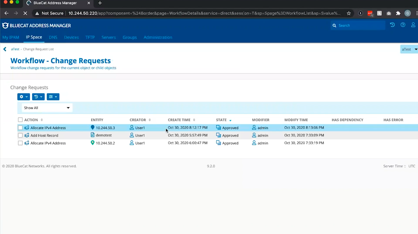 Screenshot of BlueCat address manager IP space workflow
