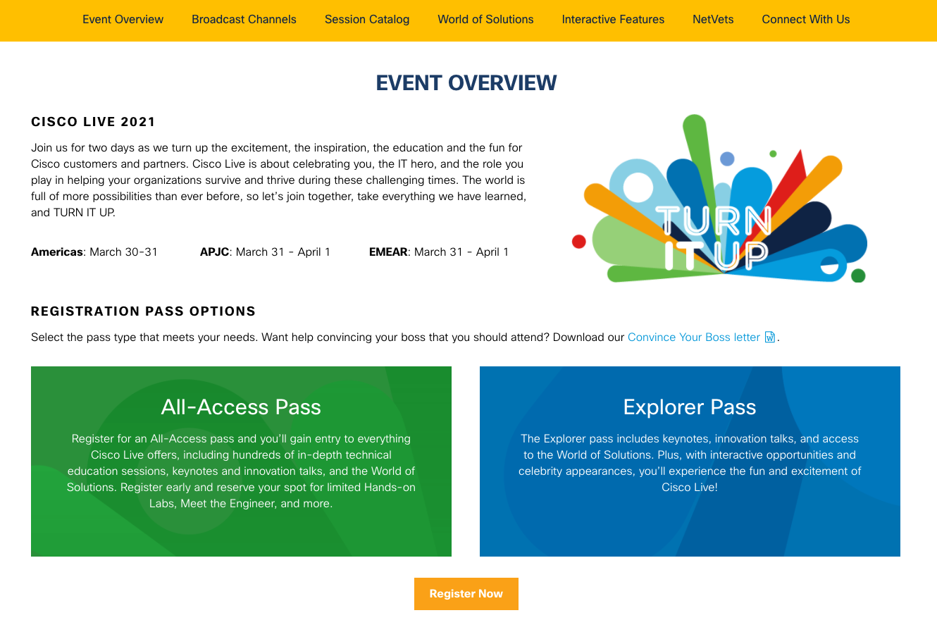 Screenshot of the Cisco Live 2021 website registration overview