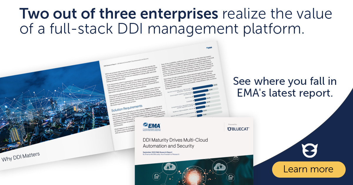65% of enterprises realize the benefits of a full-stack DDI management platform with an illustration of a report by EMA