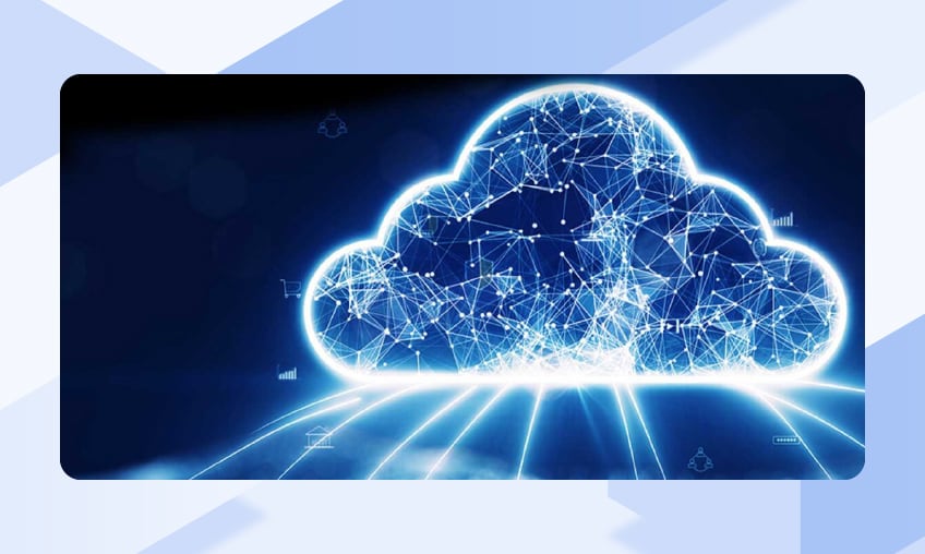 Glowing digital cloud formed from connected neural-network style nodes and lines over a grid, symbolizing cloud networking
