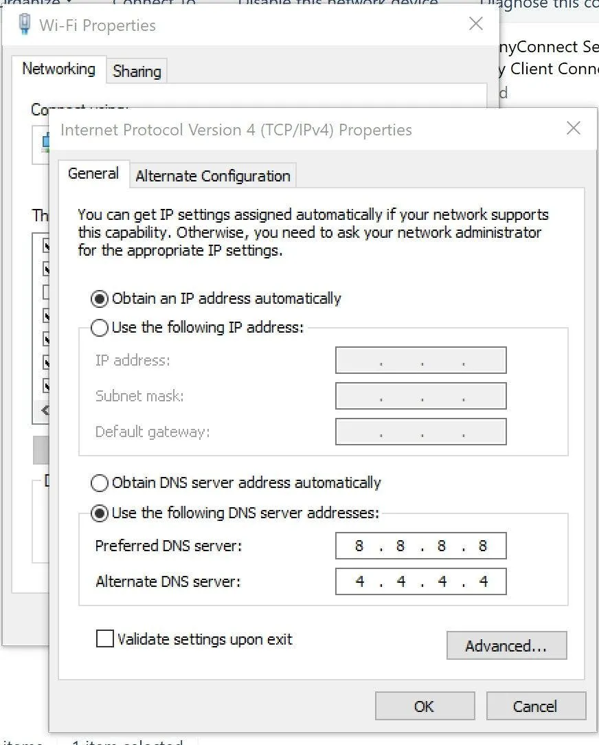 Screenshot of IPv4 DNS settings in Windows, showing manual configuration with Google DNS servers and alternate recursive resolvers.