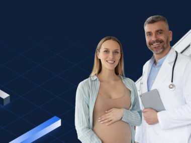 Image of a pregnant woman and her doctor to highlight how health care organizations can enhance network reliability and patient care with unified DDI solutions.