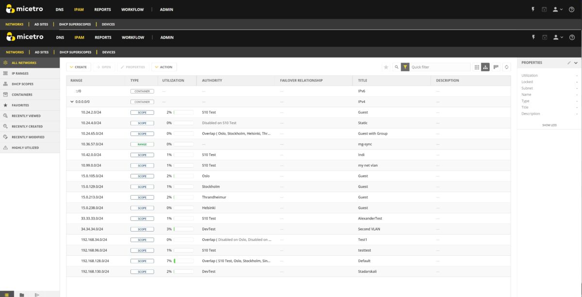 Screenshot of Micetro 11.1 interface for IP address management