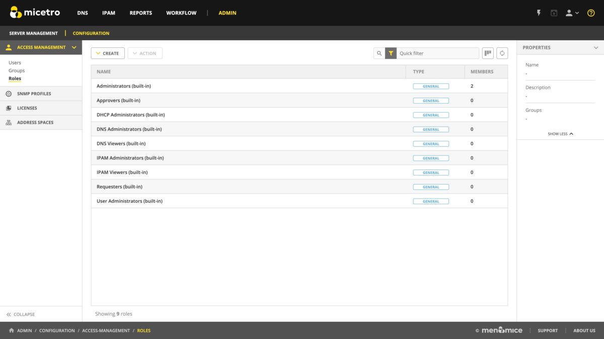 Screenshot of Micetro 11.1 interface for configuring access management