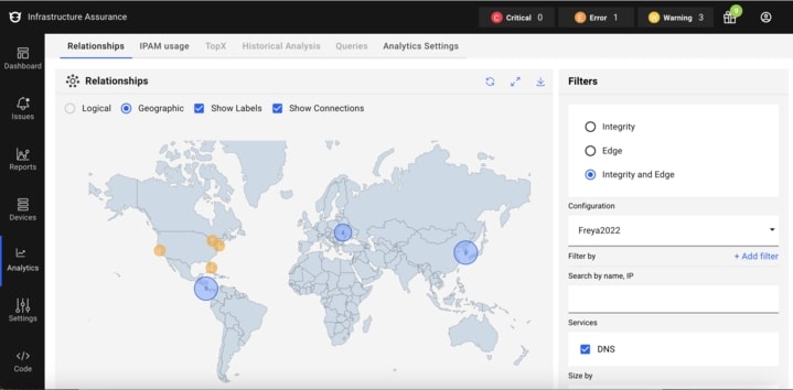 A relationship map in Live DDI Analytics allows you to view your DDI environment geographically