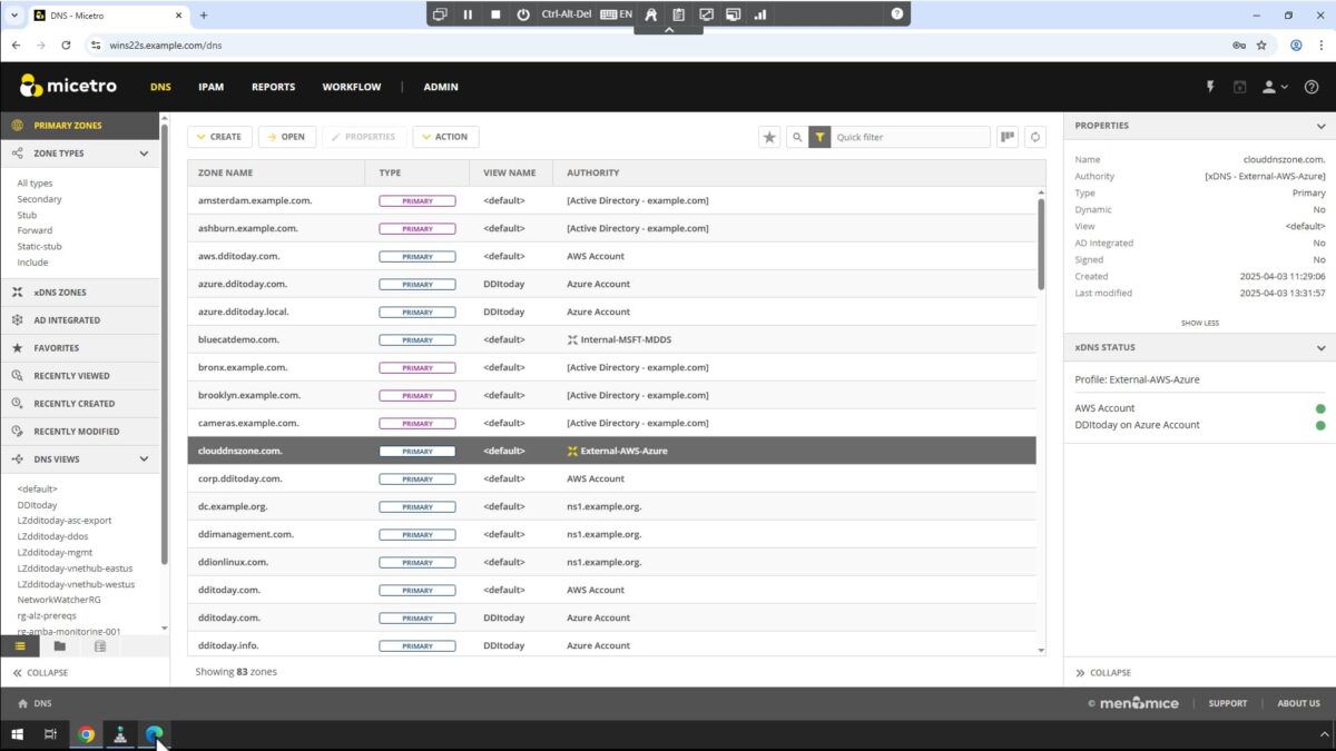 Screenshot of the Micetro xDNS user interface, Screenshot of the Micetro xDNS showing the ability to control DNS across multiple on-premises and cloud environments.