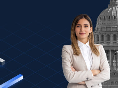 Image of a worker in front of a government building to highlight how institutions can benefit from reliable and secure networks with Unified DDI. solutions