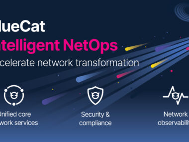 Image of BlueCat's 2025 Cisco Live booth, which includes the tagline: BlueCat Intelligent NetOps: Accelerate network transformation. Additionally, there are three icons, representing Unified core network services, security and compliance, and network observability.