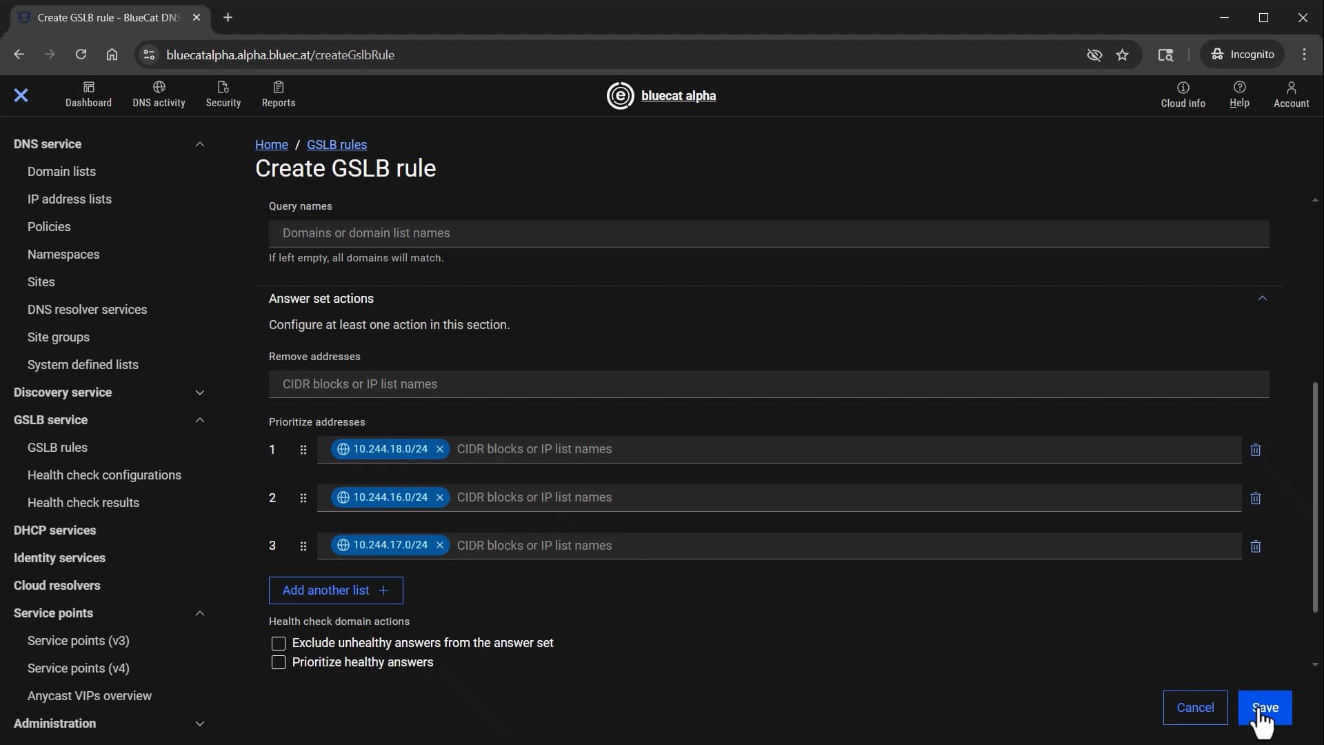 Screenshot of creating a GSLB rule in BlueCat Edge