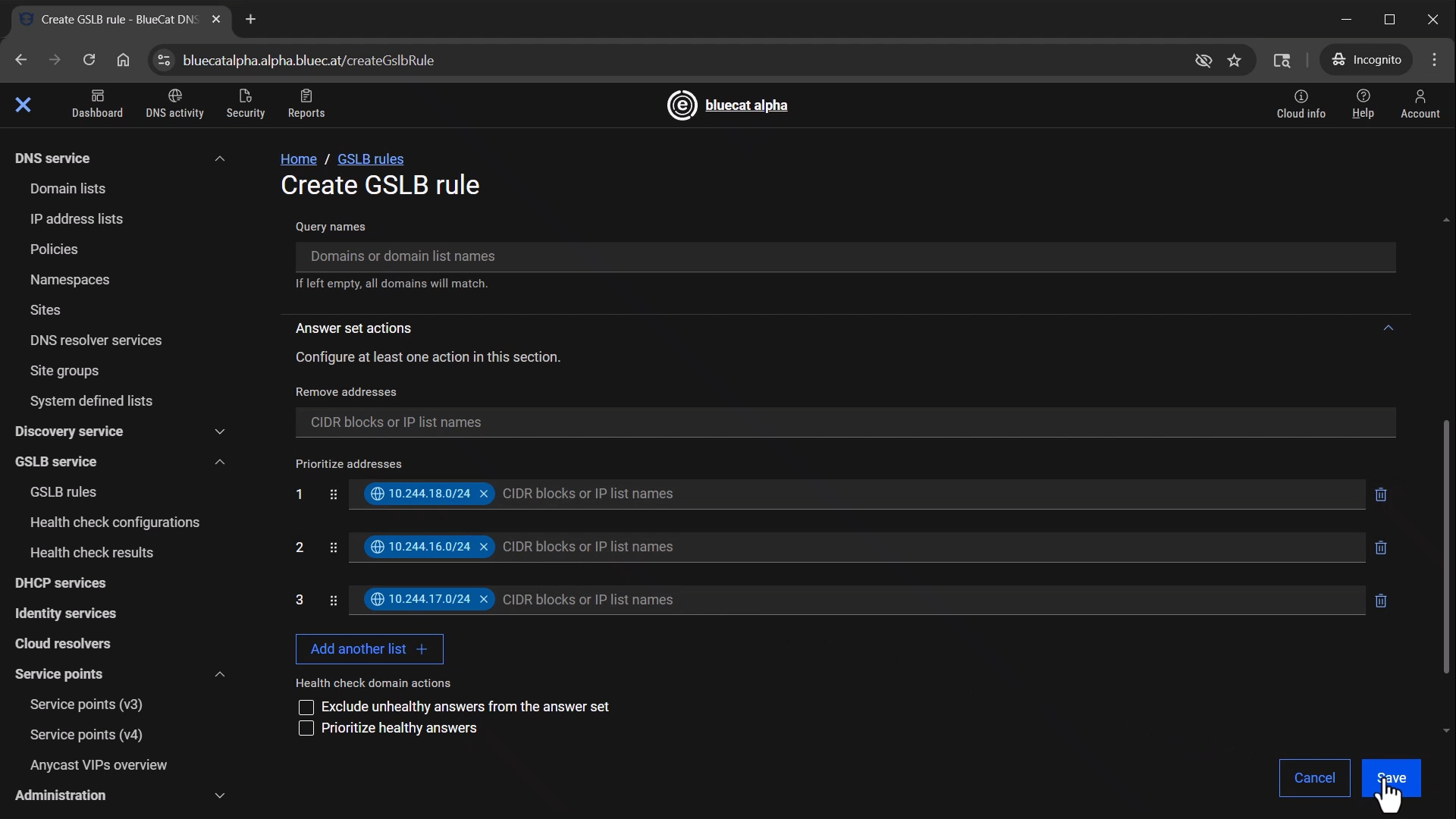 Screenshot of creating a GSLB rule in BlueCat Edge