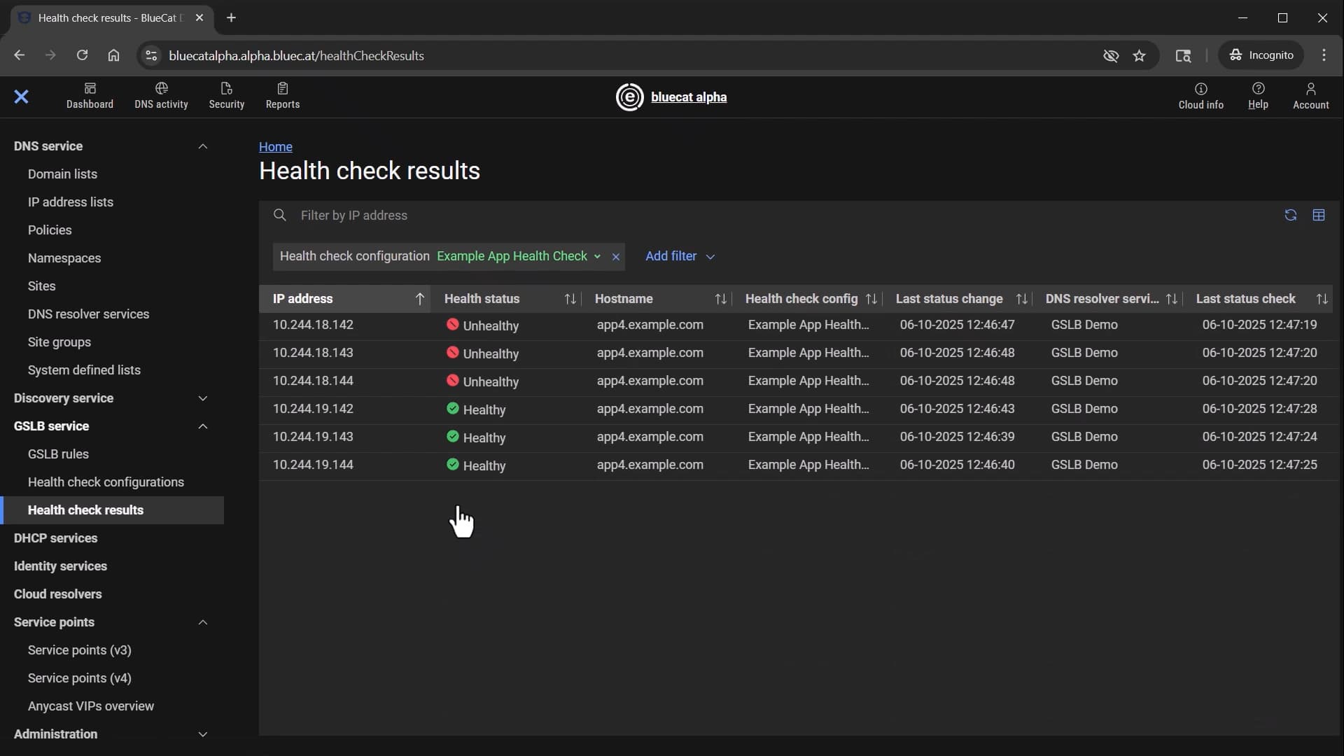 Screenshot of a review of GSLB health check results in BlueCat Edge
