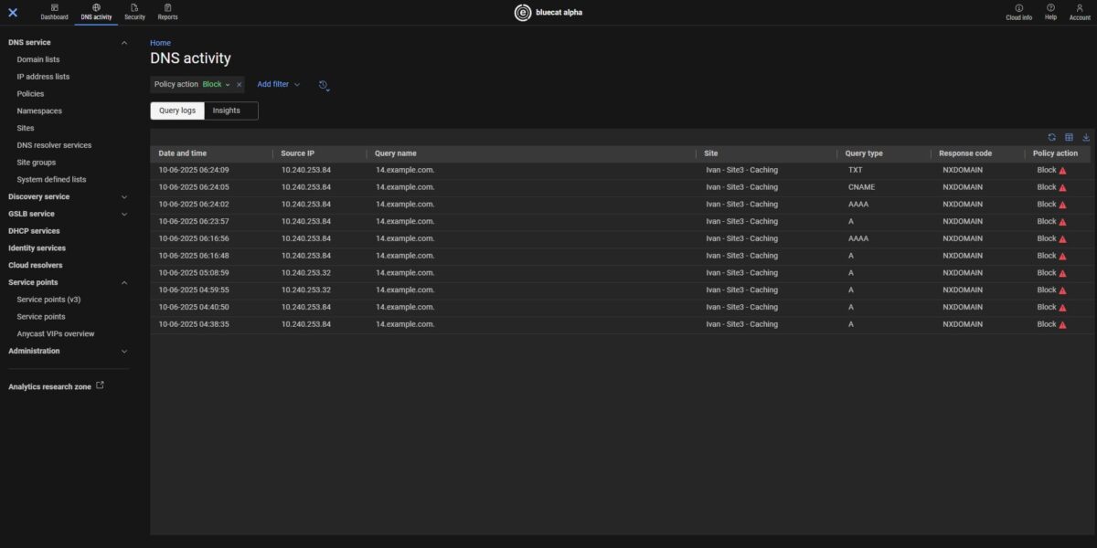 Screenshot depicting BlueCat Edge blocking DNS activity for a dangerous query, protecting the endpoint and providing insight to DNS and security administrators