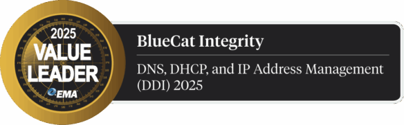 2025 EMA Value Leader award badge for BlueCat Integrity, recognizing leadership in DNS, DHCP, and IP Address Management (DDI)