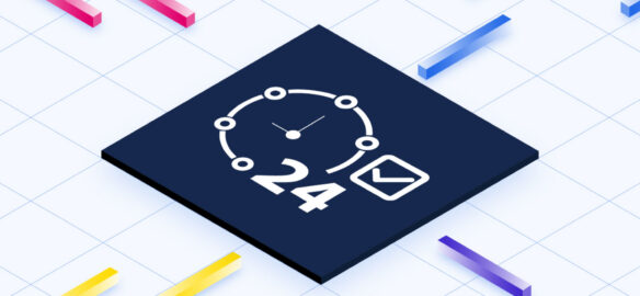 A dark blue square with a white 24-hour clock icon and a checkmark within a square on a grid background with colorful bars.