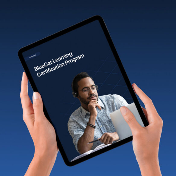 A tablet displays a "BlueCat Learning Certification Program" overview with a man wearing headphones looking thoughtfully at a laptop.