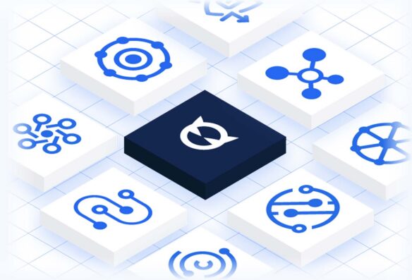 An image that contains different LiveAction Logos with the BlueCat logo in the middle on top of a blue background