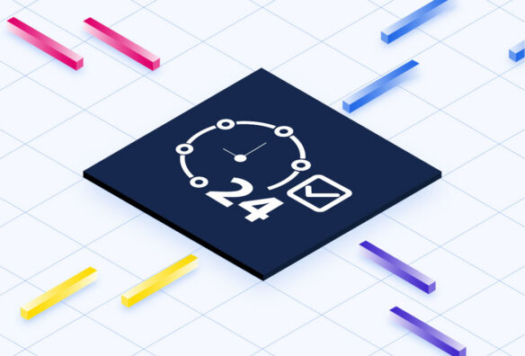 A dark blue square with a white 24-hour clock icon and a checkmark within a square on a grid background with colorful bars.