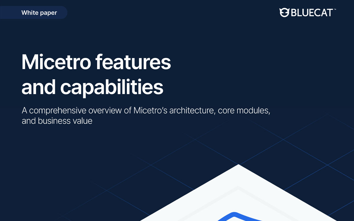 BlueCat Micetro white paper cover with title "Micetro features and capabilities" and company logo