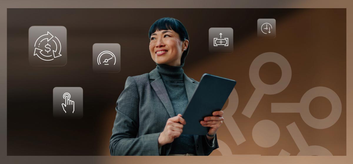 Business professional holding tablet with network icons and floating UI symbols for performance, payments, and touch interact