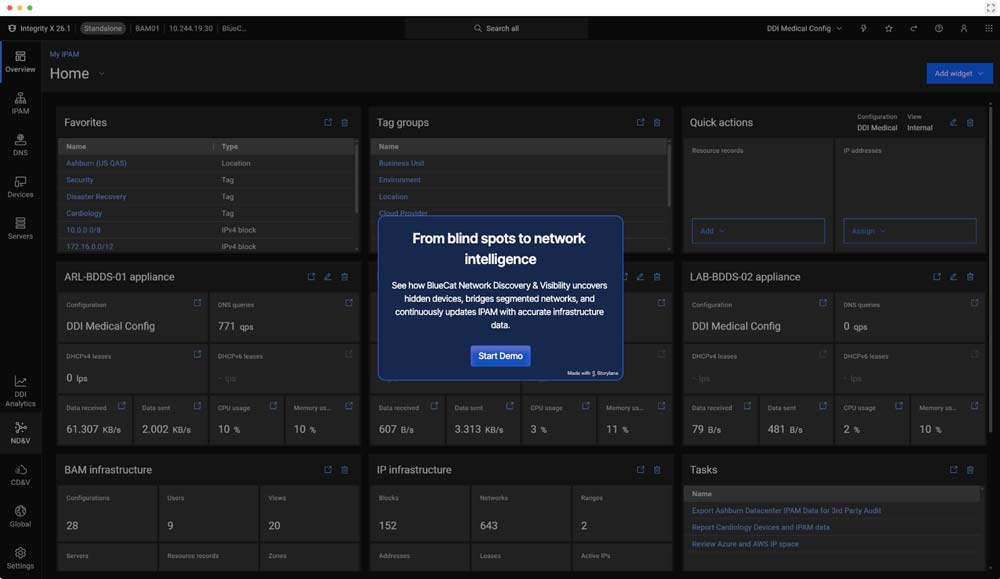 BlueCat Integrity dashboard with Network Discovery & Visibility promo overlay highlighting infrastructure visibility demo