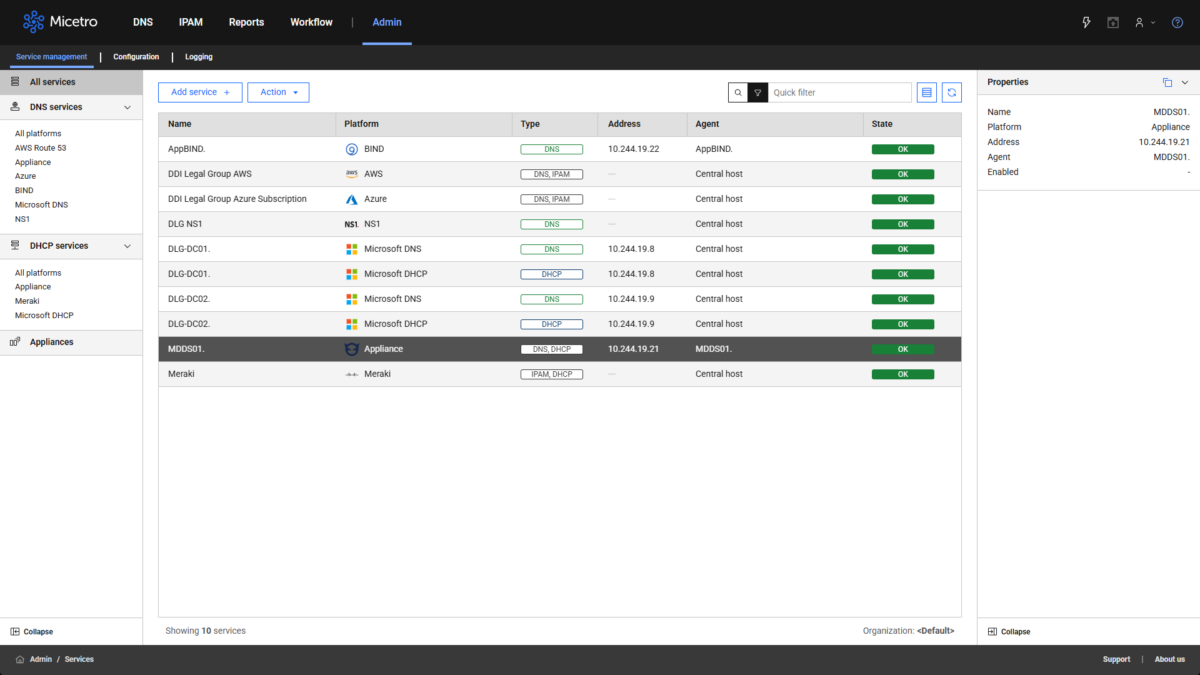 A screenshot of a dashboard depicting MDDS appliances, BIND, Microsoft DNS/DHCP, and cloud services listed in Micetro