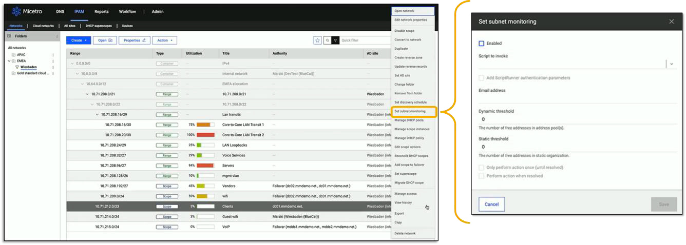 BlueCat interface showing client abuse IP monitoring list and set subnet monitoring configuration popup