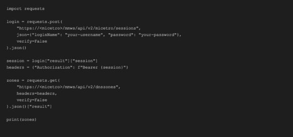 Python code snippet using BlueCat API to authenticate and retrieve DNS zones with bearer token