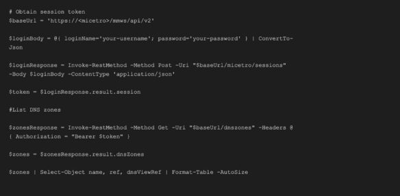 Code snippet using BlueCat REST API to obtain session token and list DNS zones