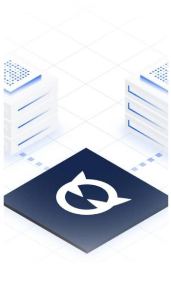 Two server stacks connected through a central synchronization platform tile with circular arrows