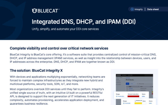 BlueCat Integrity X marketing page describing integrated DNS, DHCP, and IPAM solution benefits and capabilities