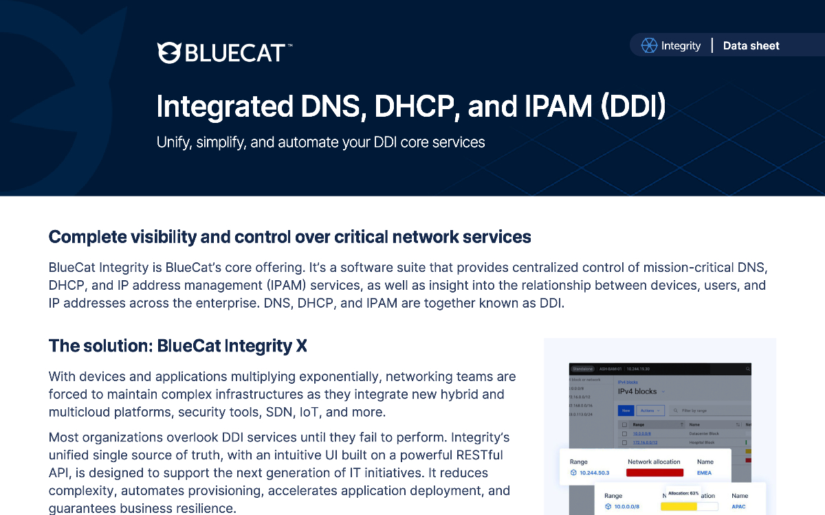 BlueCat Integrity X marketing page describing integrated DNS, DHCP, and IPAM solution benefits and capabilities