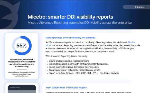 BlueCat Micetro marketing page highlighting automated DDI visibility reports and enterprise DHCP metric statistic