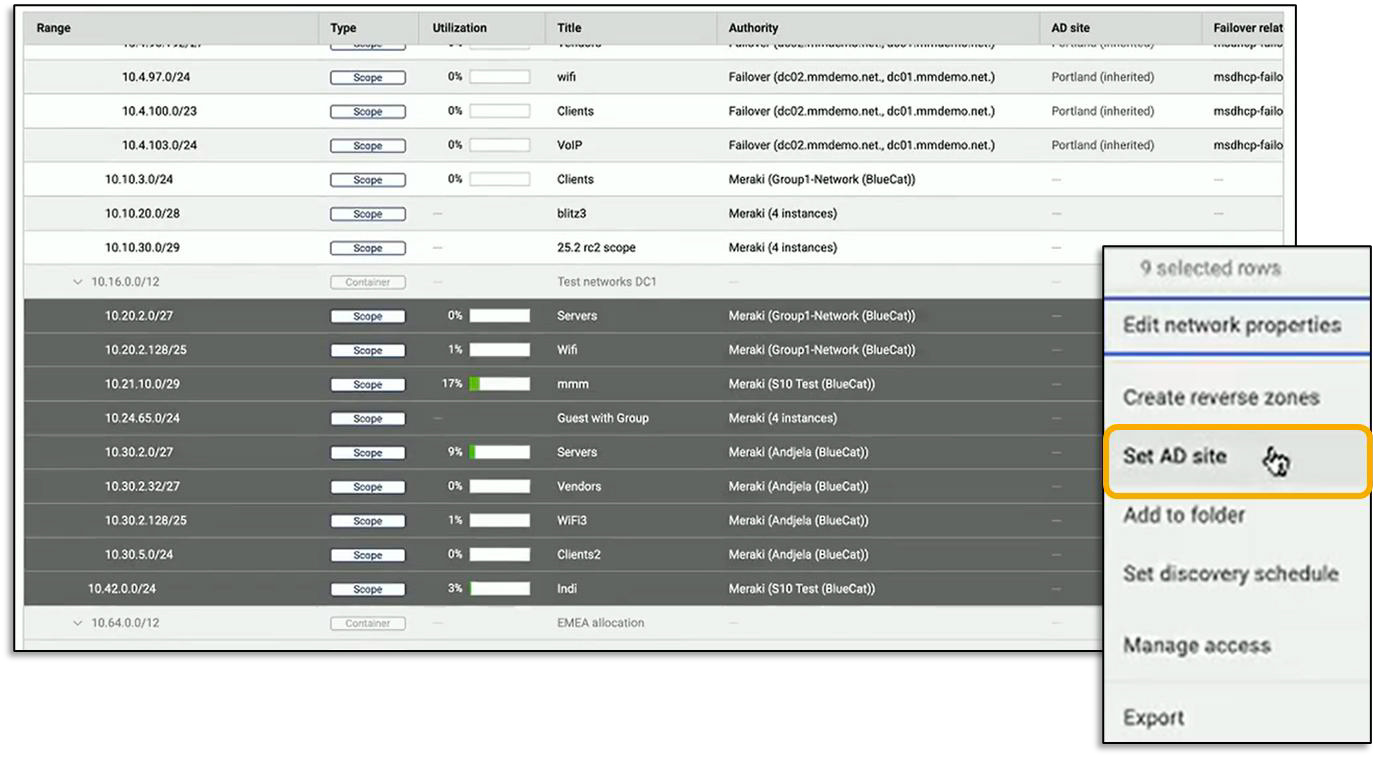 BlueCat interface listing networks with context menu highlighting Set AD site option for selected rows