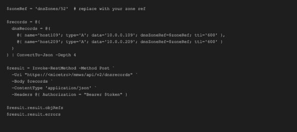 PowerShell script snippet calling BlueCat DNS API to create A records with JSON body and authorization header