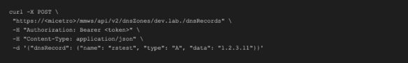 Curl command creating an A DNS record via BlueCat DNS records API with JSON payload