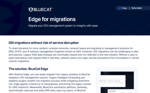 BlueCat Edge for migrations marketing page describing DDI migrations with headings, text blocks, and a small interface screenshot