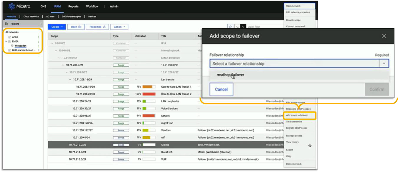 BlueCat interface showing metadata groups and dialog to add scope to a failover relationship