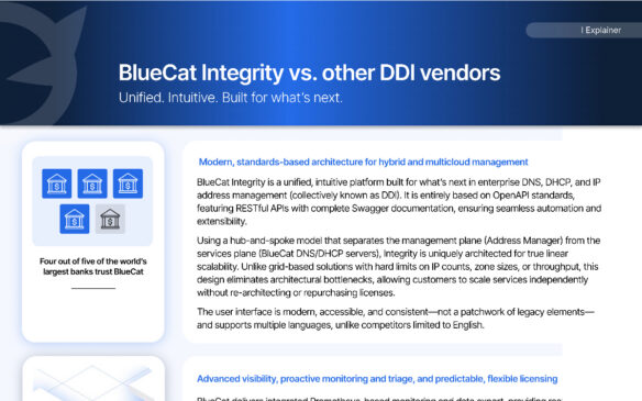 BlueCat Integrity marketing page comparing DDI vendors with architecture icons and key feature descriptions.