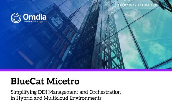 BlueCat Micetro technical validation cover with Omdia branding and reflective modern glass building background