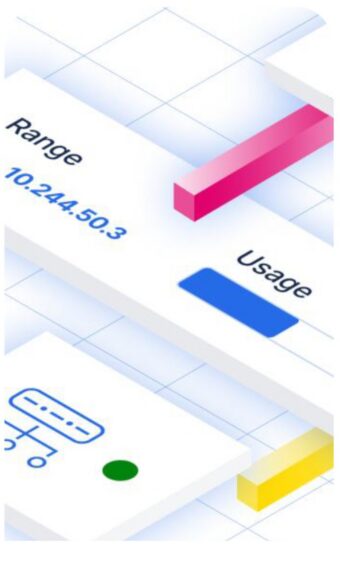 Layered interface graphic with Range IP address 10.244.50.3 and Usage label in BlueCat style