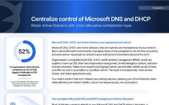 BlueCat marketing page about centralizing Microsoft DNS and DHCP control with statistics and descriptive text