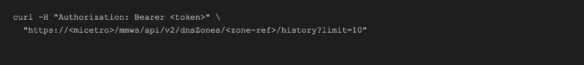 curl command calling BlueCat MMS API to retrieve dnsZones history with authorization bearer token