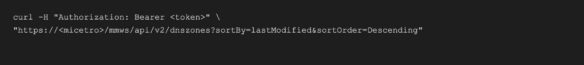 Terminal curl command calling BlueCat API to list mDNS nodes sorted by last modified date