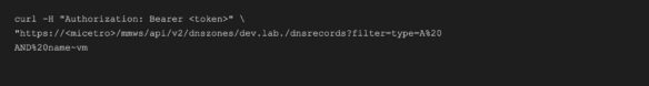Terminal curl command querying BlueCat MMv2 API with bearer token and host record filter parameters