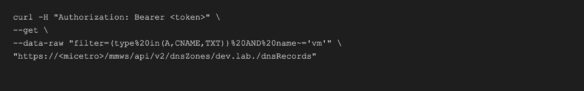 Curl command example querying BlueCat MMS DNS records API with authorization header and filter parameters