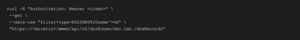 Example curl command calling BlueCat DNS records API with authorization header and URL filter parameters