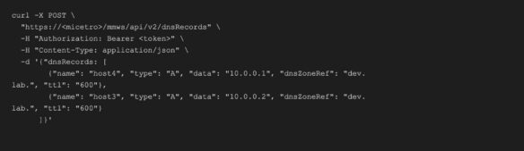 Example curl command posting DNS A records to BlueCat dnsRecords API endpoint