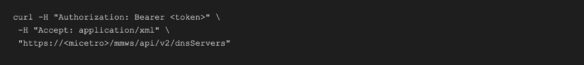 cURL command example calling BlueCat DNS servers API with authorization bearer token and XML accept header